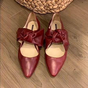 Zara Burgundy Pointed Toe Flats with Bow Detail